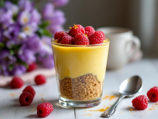 Saffron Firni Custard with Granola & Raspberries