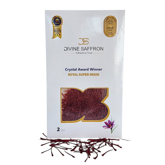 Divine Saffron packaging with saffron strands on a white background