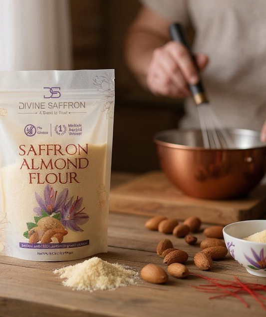 Divine Saffron – Premium Saffron Almond Flour | Gluten-Free, Award-Winning Blend | 100% California Almonds & Pure Saffron | Ideal for Baking, Desserts & Recipes | 16 oz (454 g)