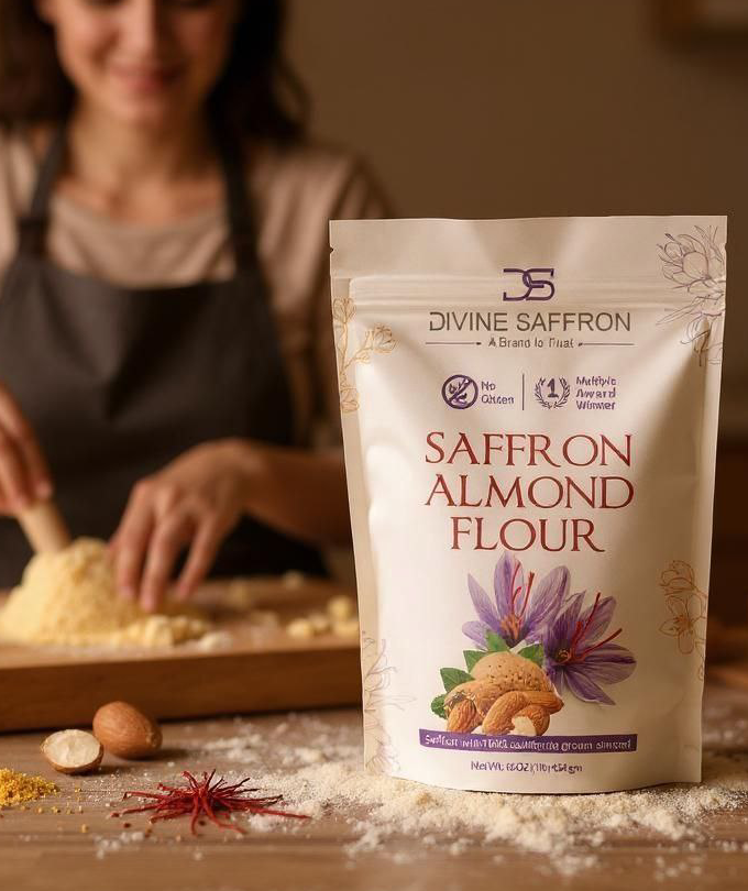 Divine Saffron – Premium Saffron Almond Flour | Gluten-Free, Award-Winning Blend | 100% California Almonds & Pure Saffron | Ideal for Baking, Desserts & Recipes | 16 oz (454 g)