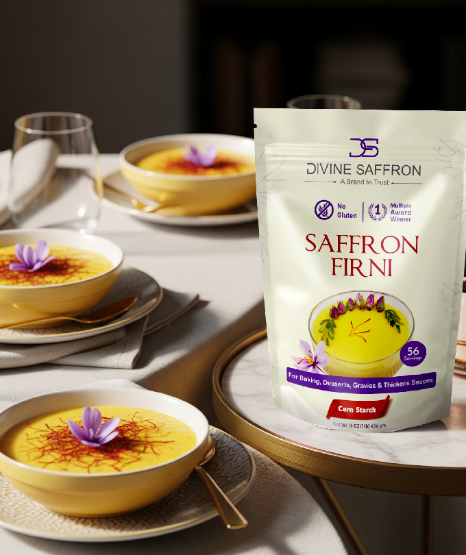Divine Saffron – Premium Saffron Firni Corn Starch Mix | Gluten-Free, Multiple Award-Winning | Perfect for Baking, Desserts, Gravies & Sauces | 16 oz (456 g), 56 Servings